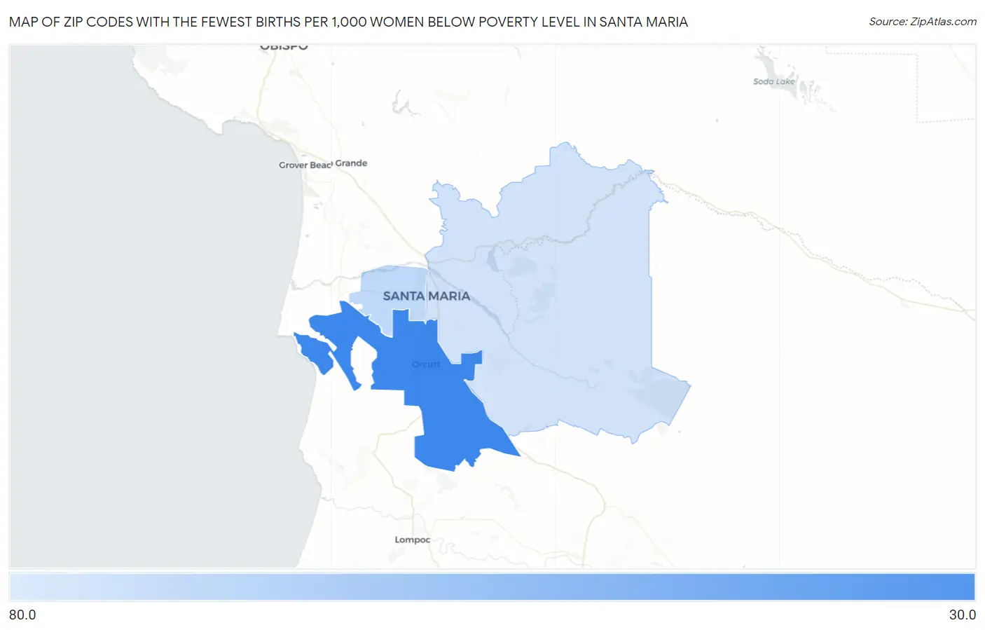 Zip Codes with the Fewest Births per 1,000 Women Below Poverty Level in Santa Maria Map