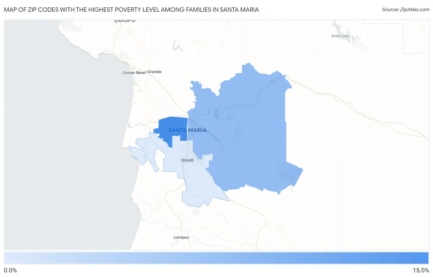 Zip Codes with the Highest Poverty Level Among Families in Santa Maria Map