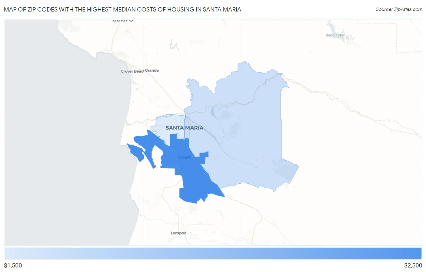 Zip Codes with the Highest Median Costs of Housing in Santa Maria Map