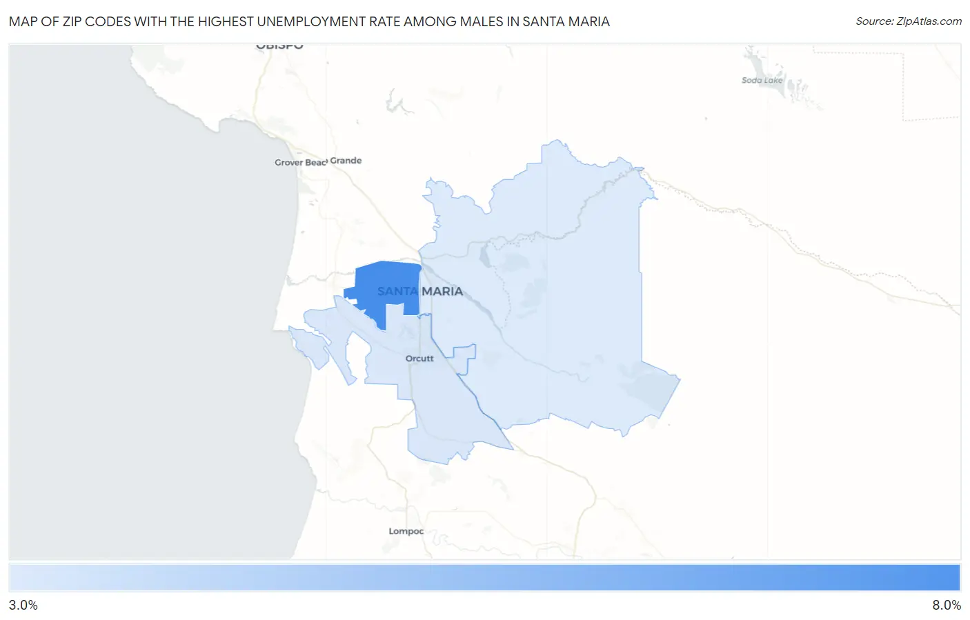 Zip Codes with the Highest Unemployment Rate Among Males in Santa Maria Map