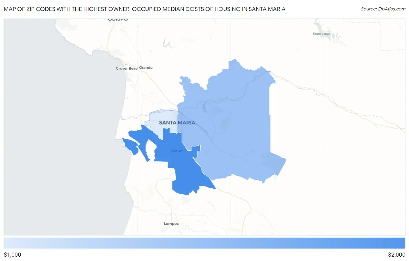 Zip Codes with the Highest Owner-Occupied Median Costs of Housing in Santa Maria Map