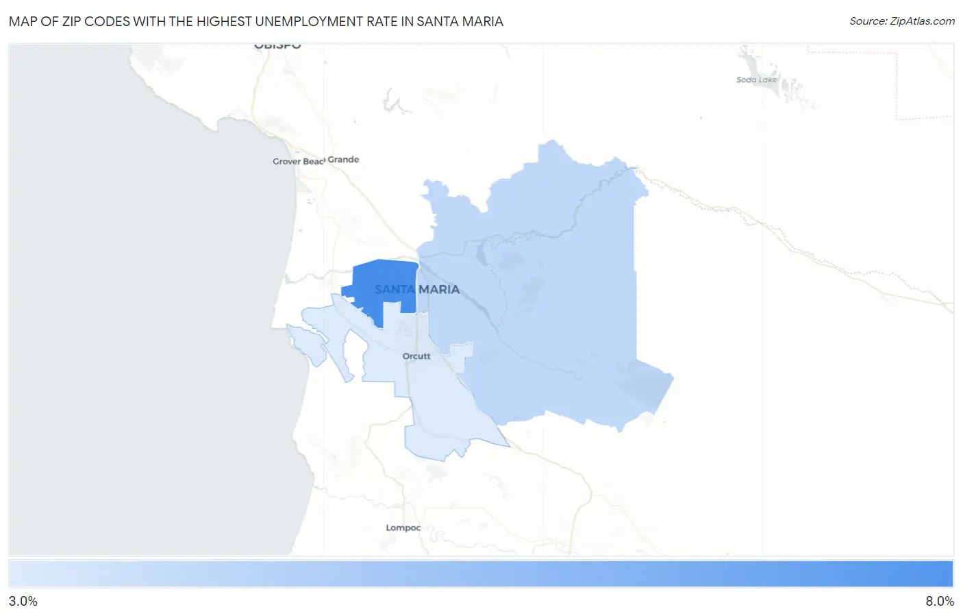 Zip Codes with the Highest Unemployment Rate in Santa Maria Map