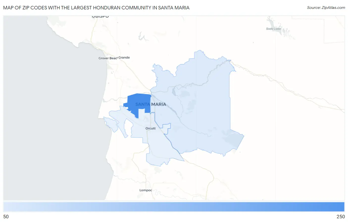 Zip Codes with the Largest Honduran Community in Santa Maria Map
