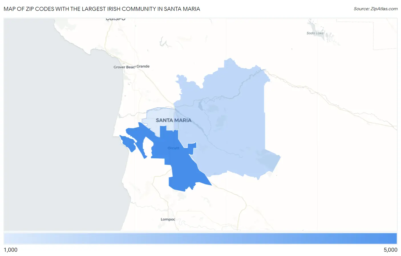 Zip Codes with the Largest Irish Community in Santa Maria Map