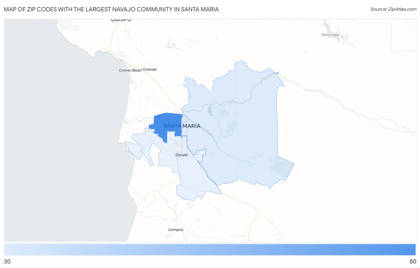 Zip Codes with the Largest Navajo Community in Santa Maria Map