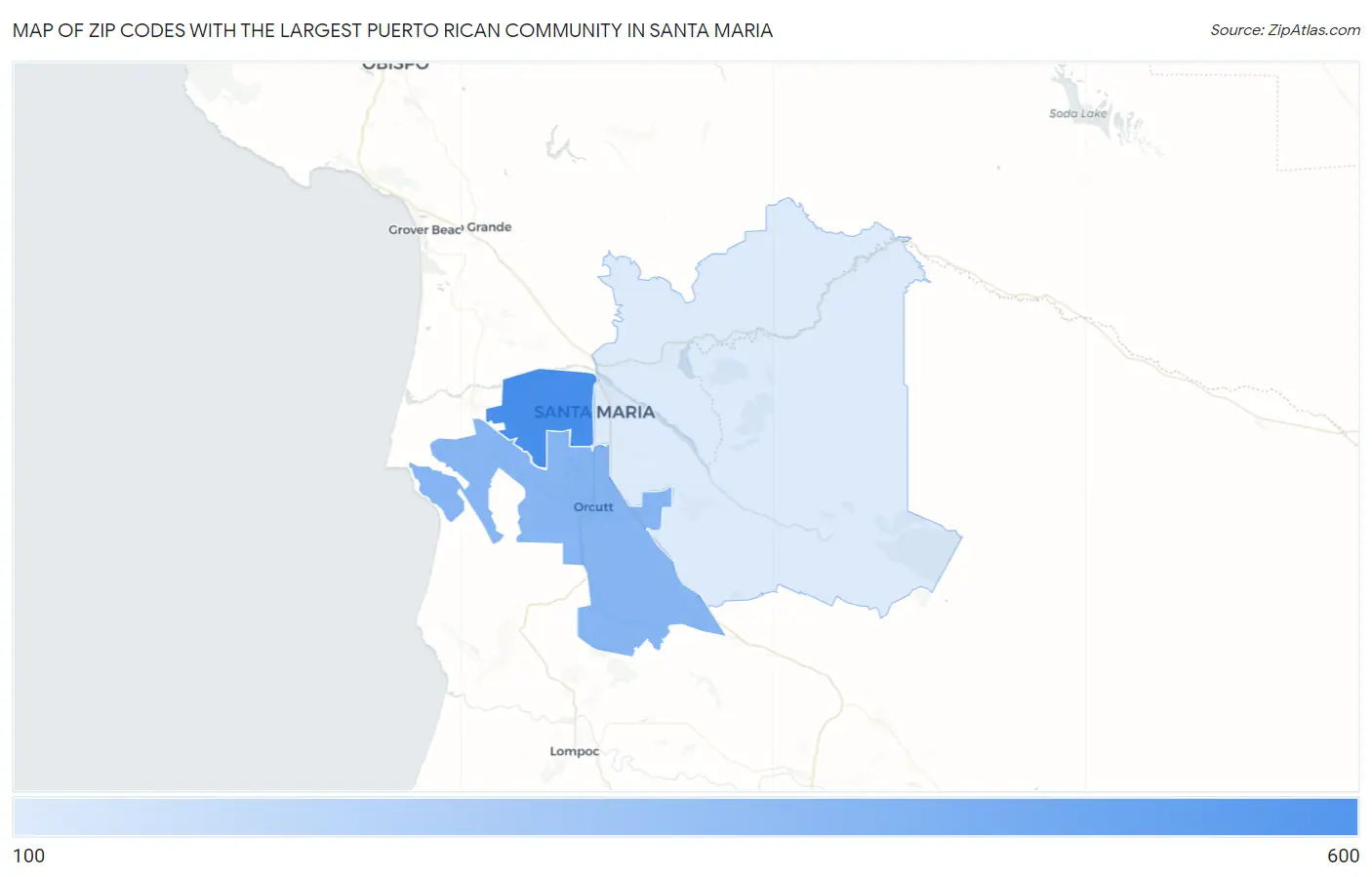 Zip Codes with the Largest Puerto Rican Community in Santa Maria Map
