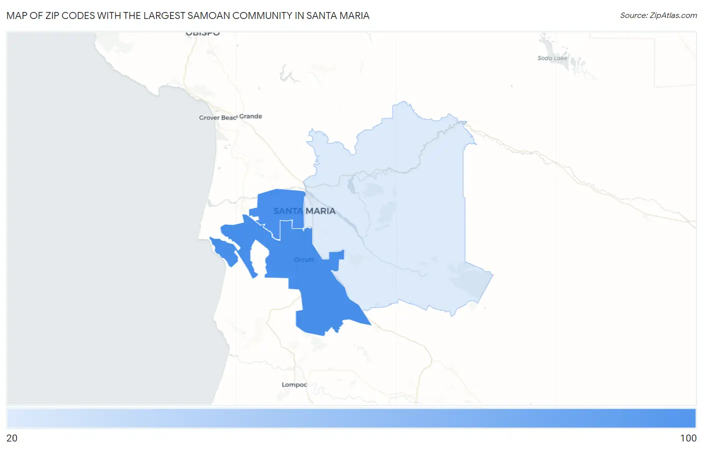 Zip Codes with the Largest Samoan Community in Santa Maria Map
