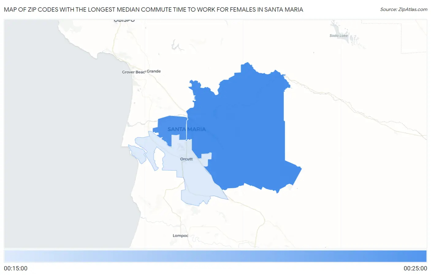 Zip Codes with the Longest Median Commute Time to Work for Females in Santa Maria Map