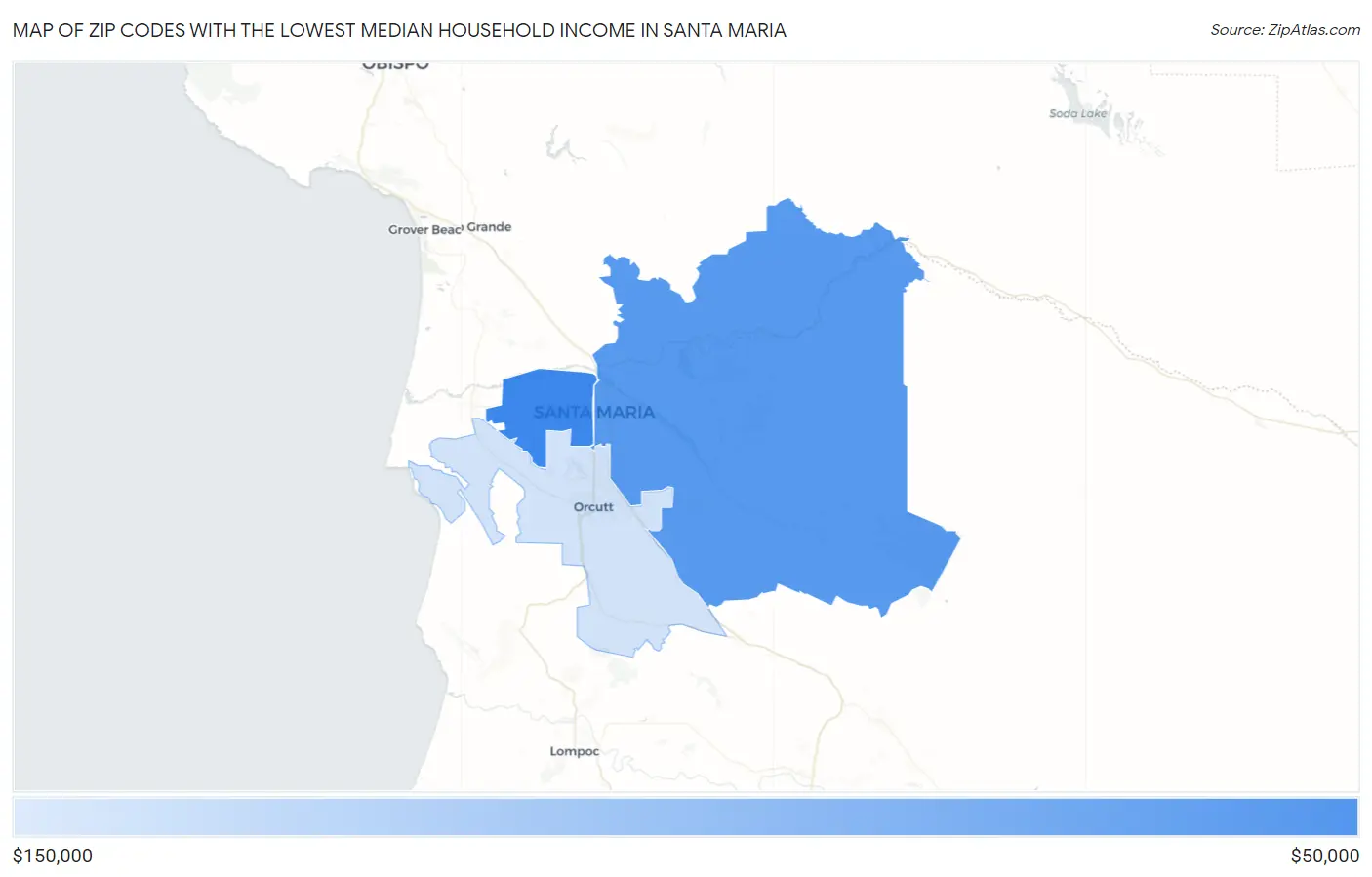 Zip Codes with the Lowest Median Household Income in Santa Maria Map