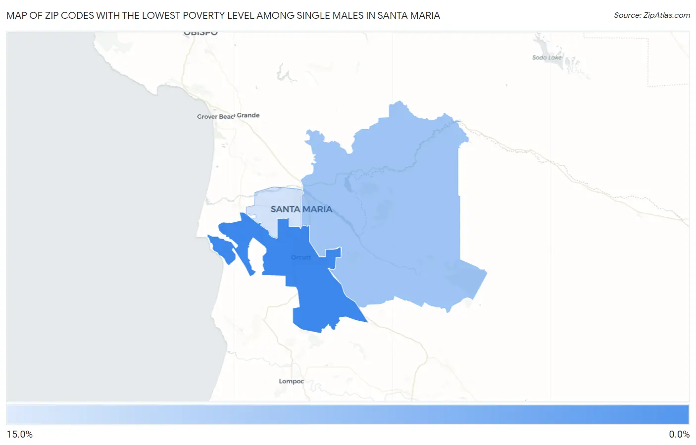 Zip Codes with the Lowest Poverty Level Among Single Males in Santa Maria Map