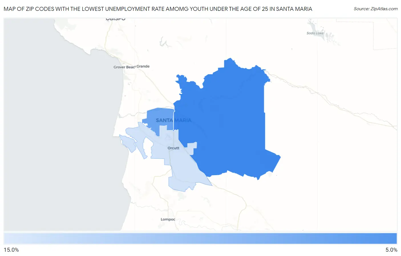 Zip Codes with the Lowest Unemployment Rate Amomg Youth Under the Age of 25 in Santa Maria Map