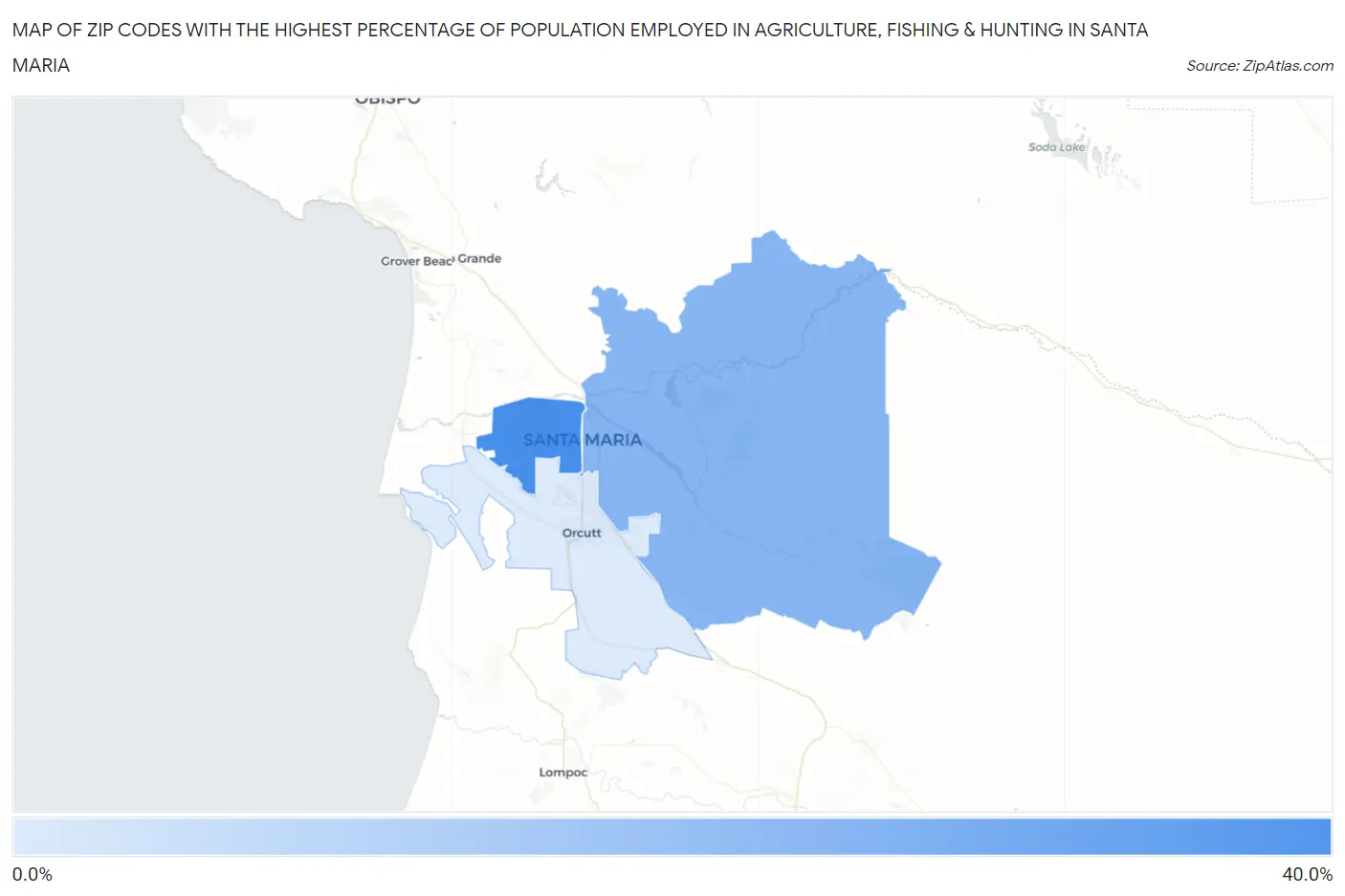 Zip Codes with the Highest Percentage of Population Employed in Agriculture, Fishing & Hunting in Santa Maria Map