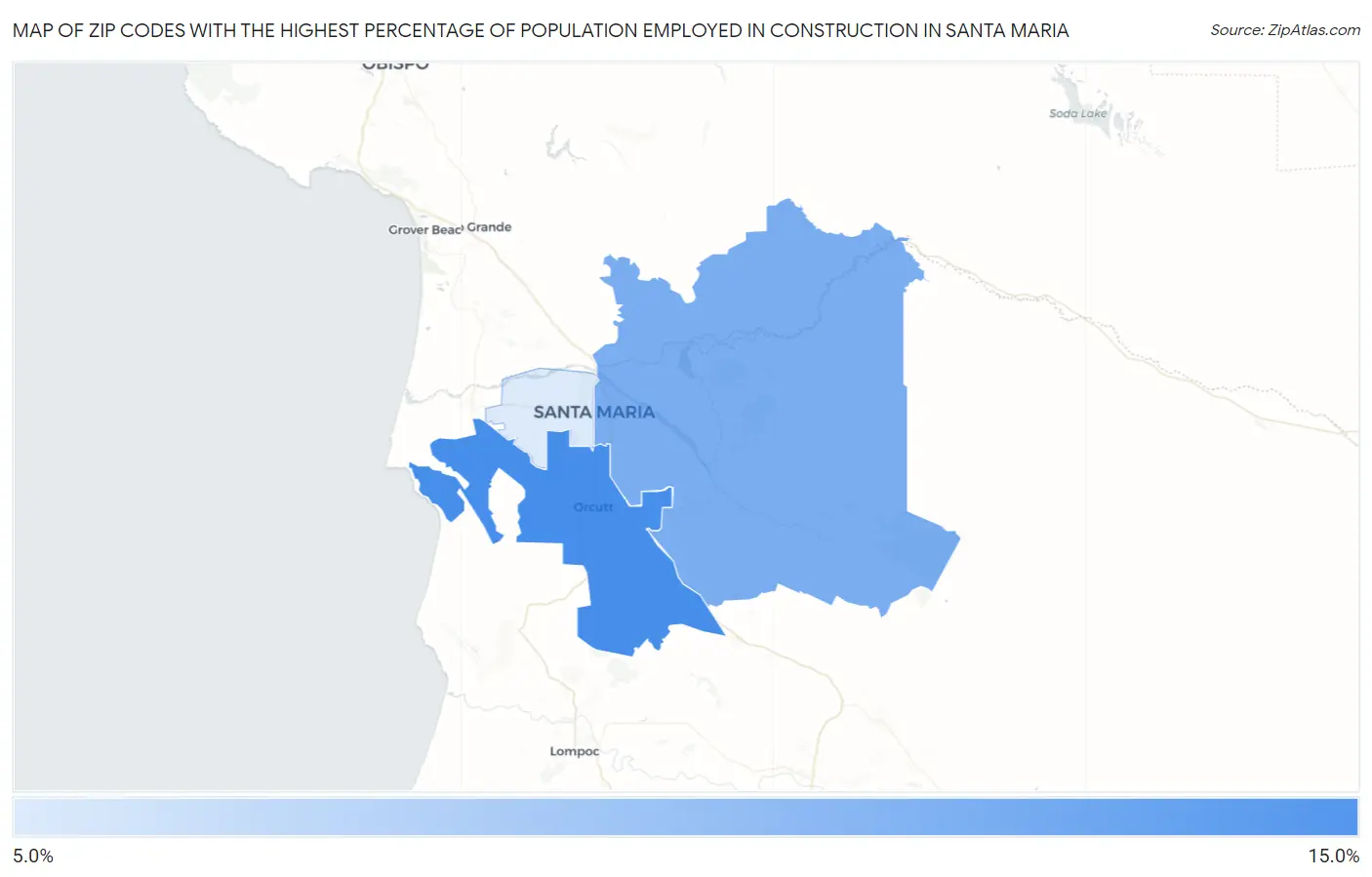 Zip Codes with the Highest Percentage of Population Employed in Construction in Santa Maria Map