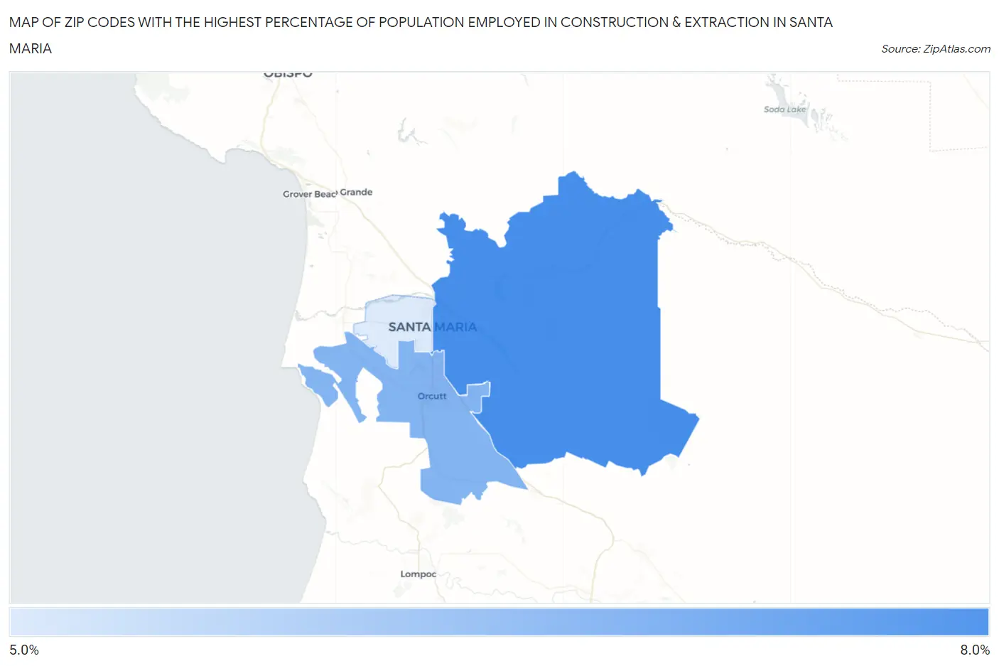 Zip Codes with the Highest Percentage of Population Employed in Construction & Extraction in Santa Maria Map