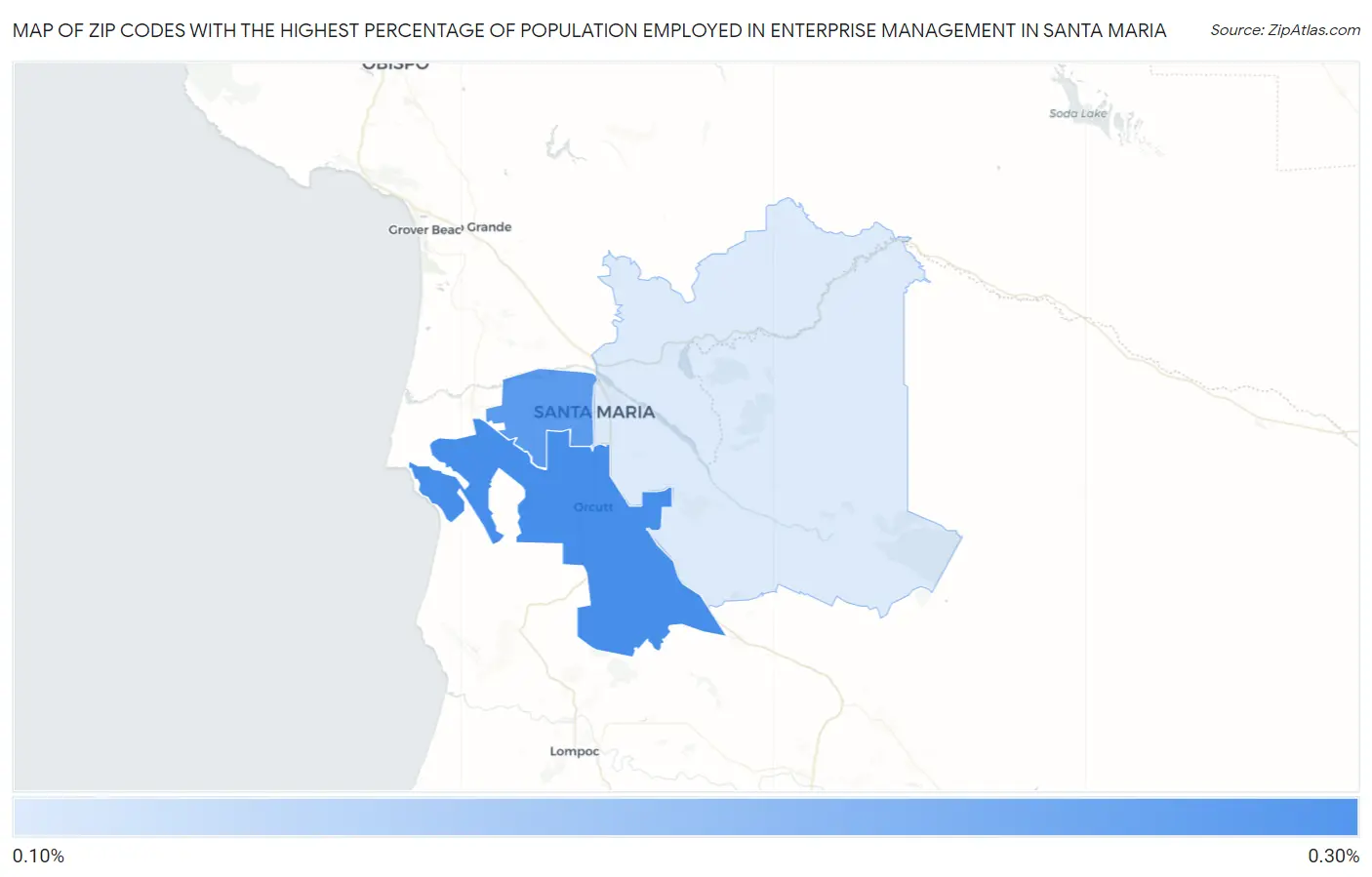 Zip Codes with the Highest Percentage of Population Employed in Enterprise Management in Santa Maria Map