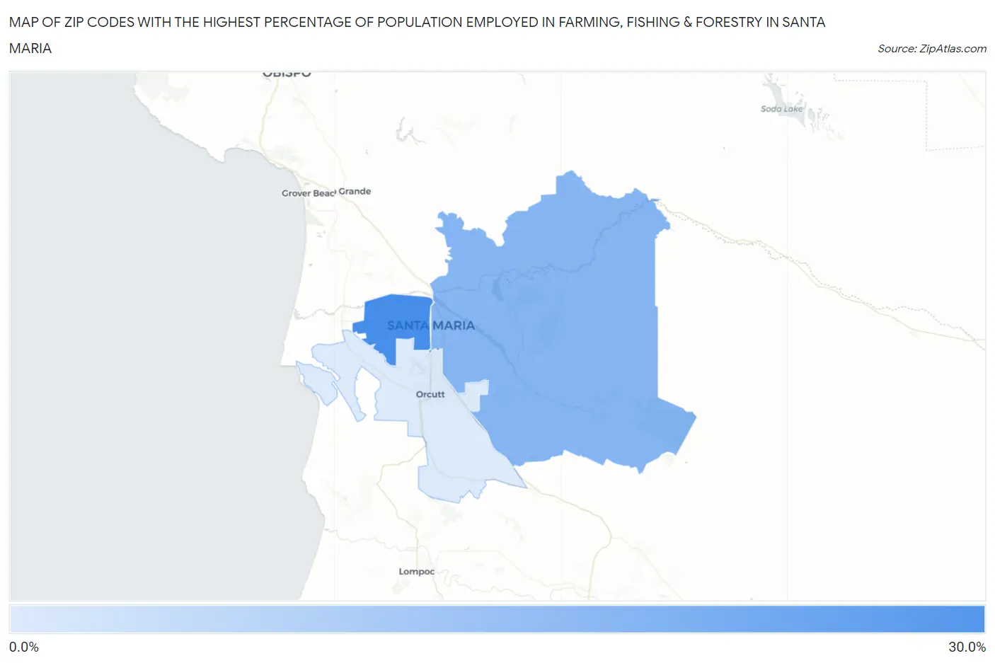 Zip Codes with the Highest Percentage of Population Employed in Farming, Fishing & Forestry in Santa Maria Map