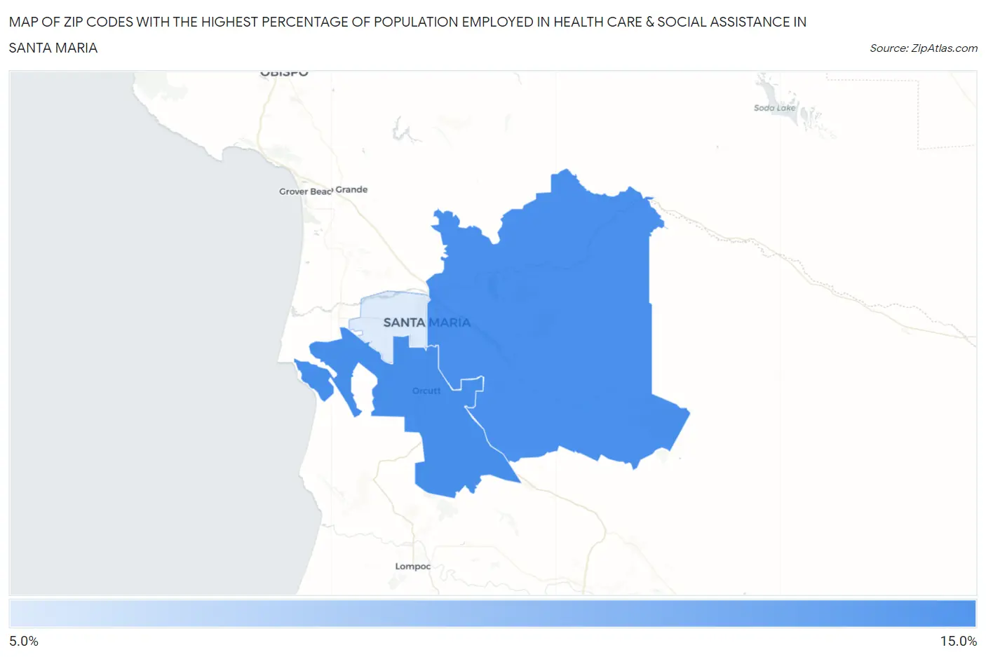 Zip Codes with the Highest Percentage of Population Employed in Health Care & Social Assistance in Santa Maria Map