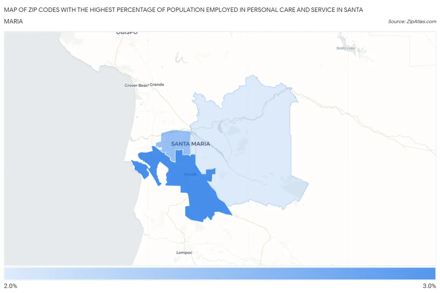 Zip Codes with the Highest Percentage of Population Employed in Personal Care and Service in Santa Maria Map