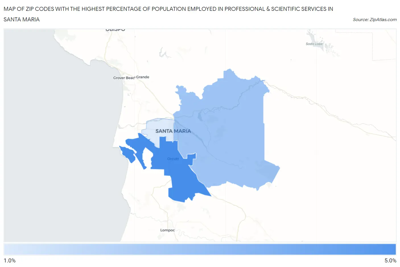 Zip Codes with the Highest Percentage of Population Employed in Professional & Scientific Services in Santa Maria Map