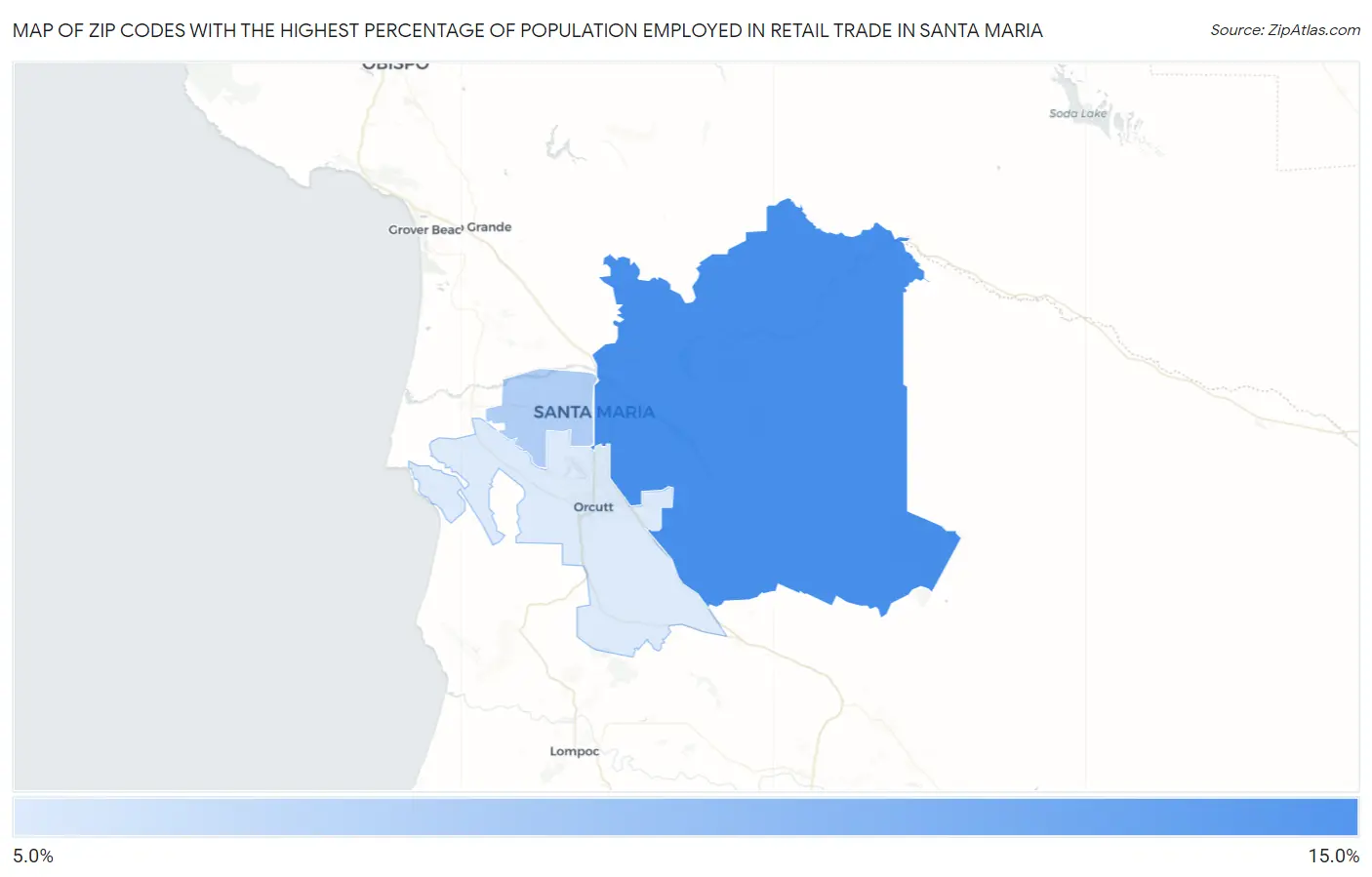 Zip Codes with the Highest Percentage of Population Employed in Retail Trade in Santa Maria Map