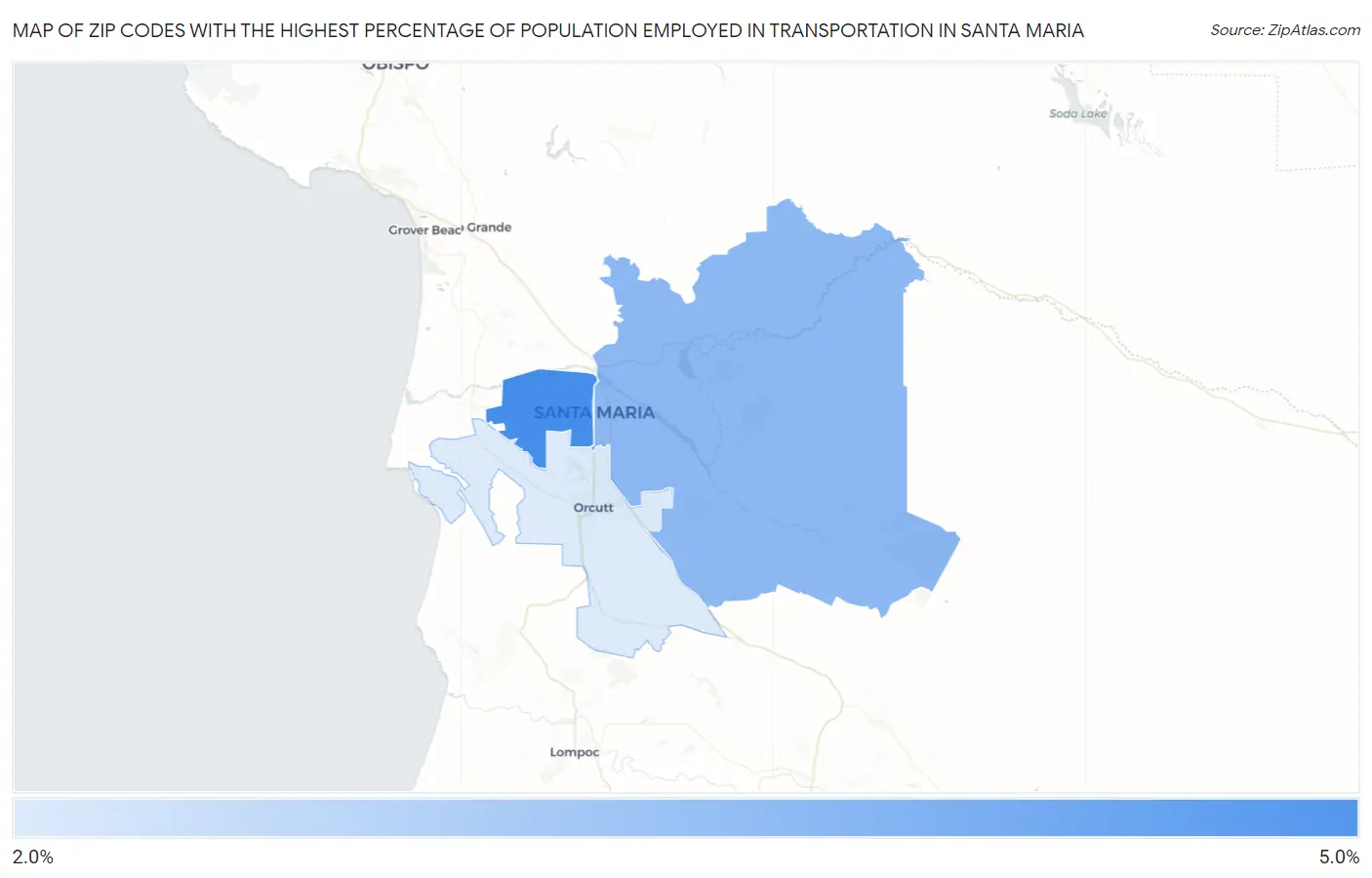 Zip Codes with the Highest Percentage of Population Employed in Transportation in Santa Maria Map