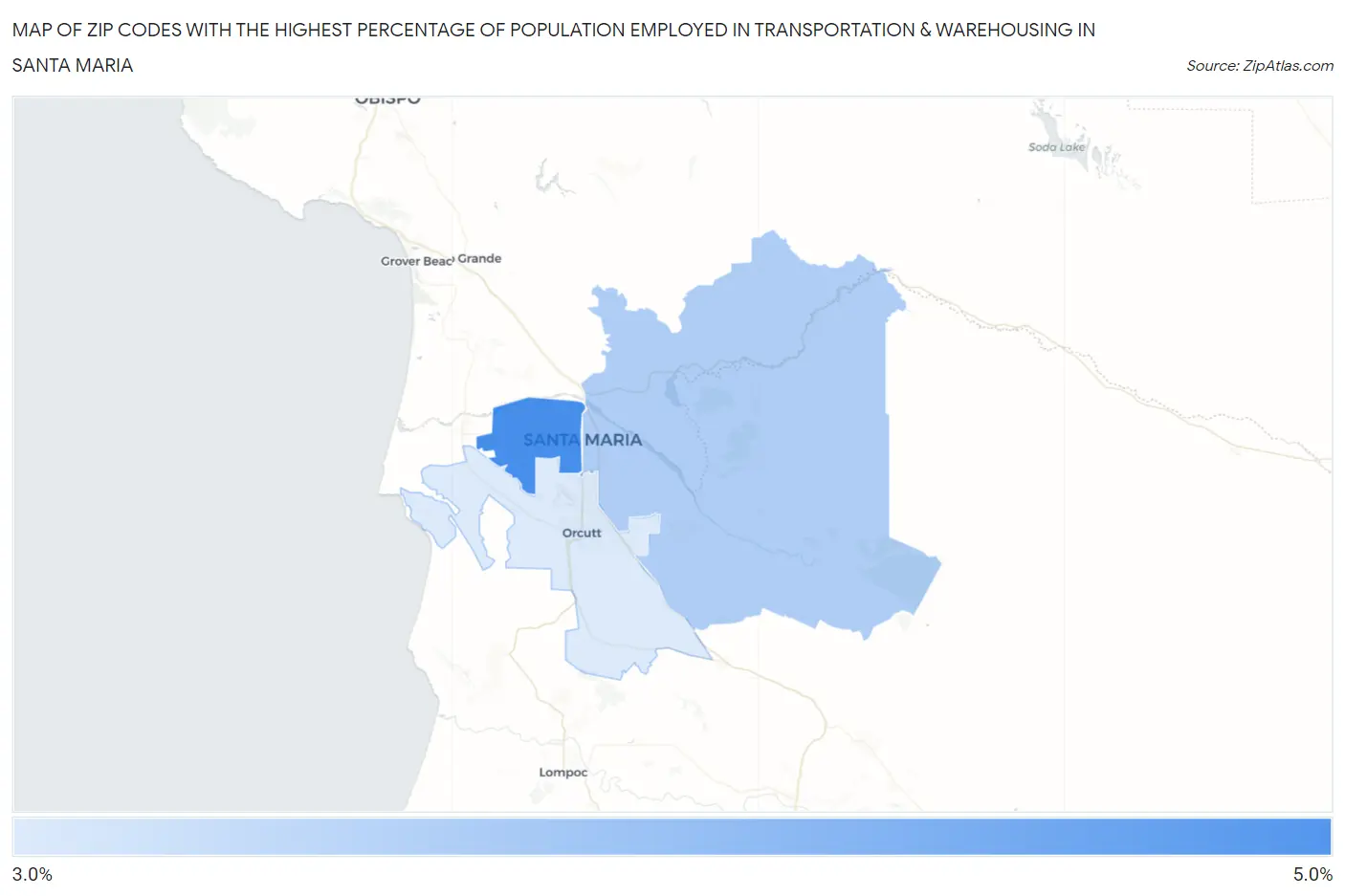 Zip Codes with the Highest Percentage of Population Employed in Transportation & Warehousing in Santa Maria Map