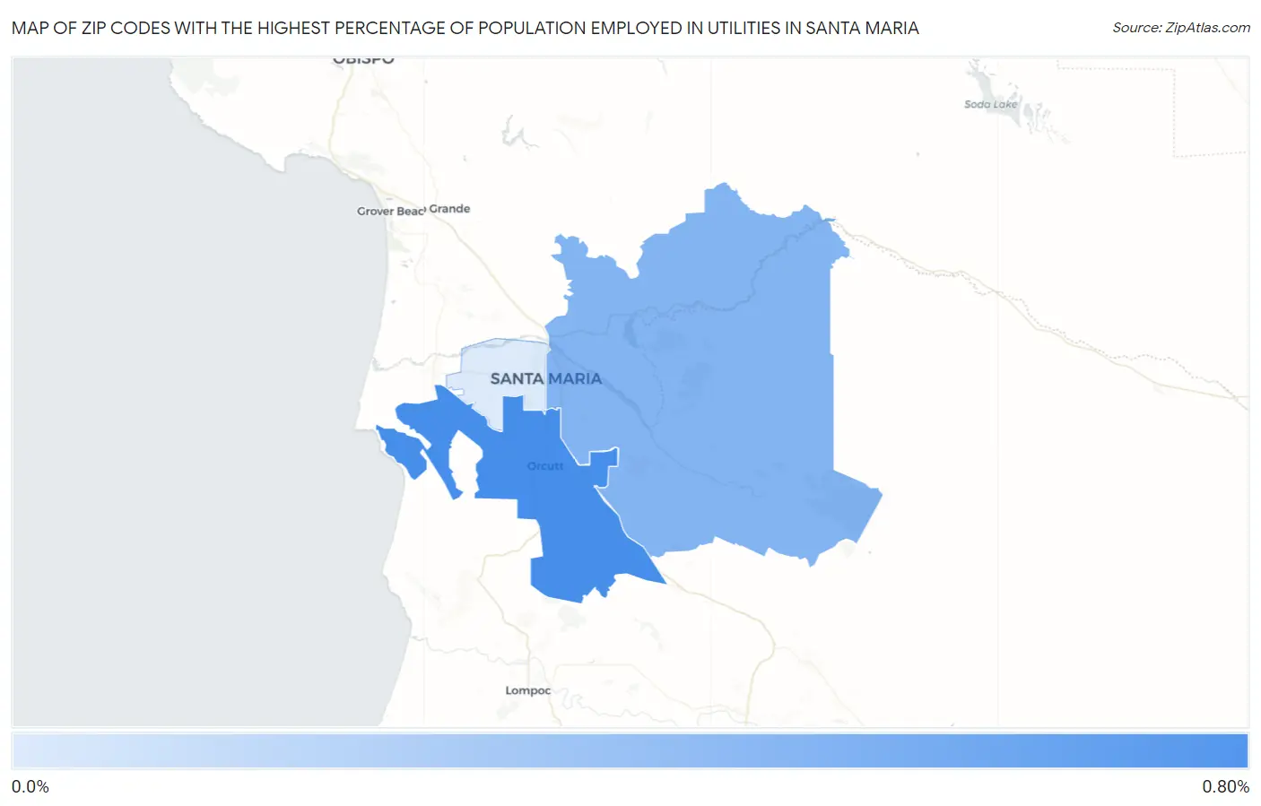 Zip Codes with the Highest Percentage of Population Employed in Utilities in Santa Maria Map
