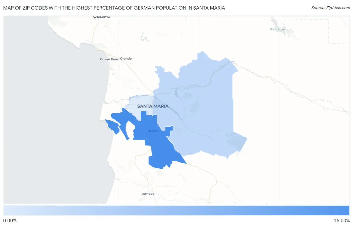Zip Codes with the Highest Percentage of German Population in Santa Maria Map