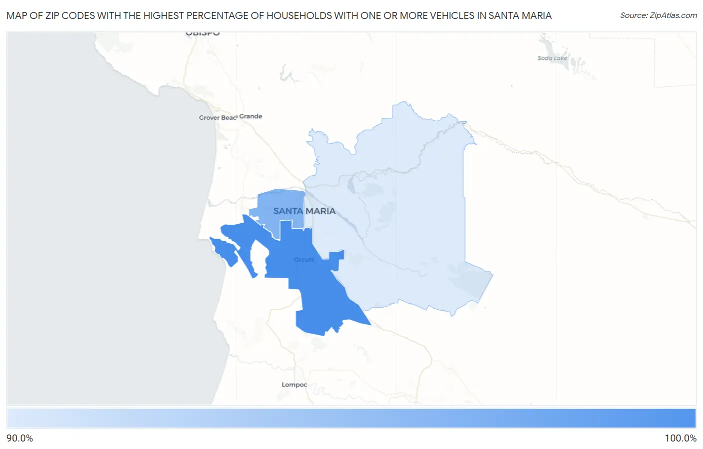 Zip Codes with the Highest Percentage of Households With One or more Vehicles in Santa Maria Map