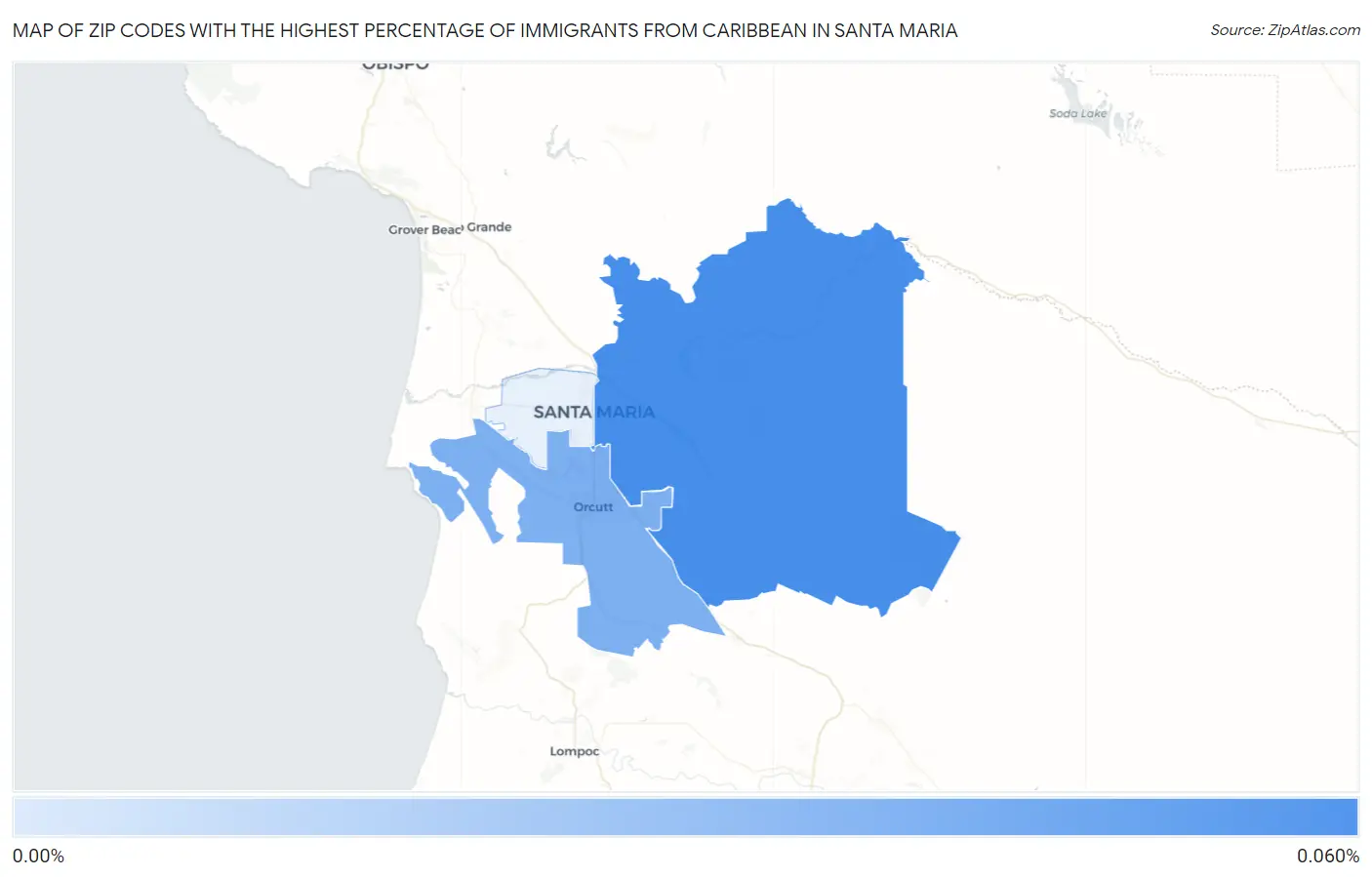 Zip Codes with the Highest Percentage of Immigrants from Caribbean in Santa Maria Map