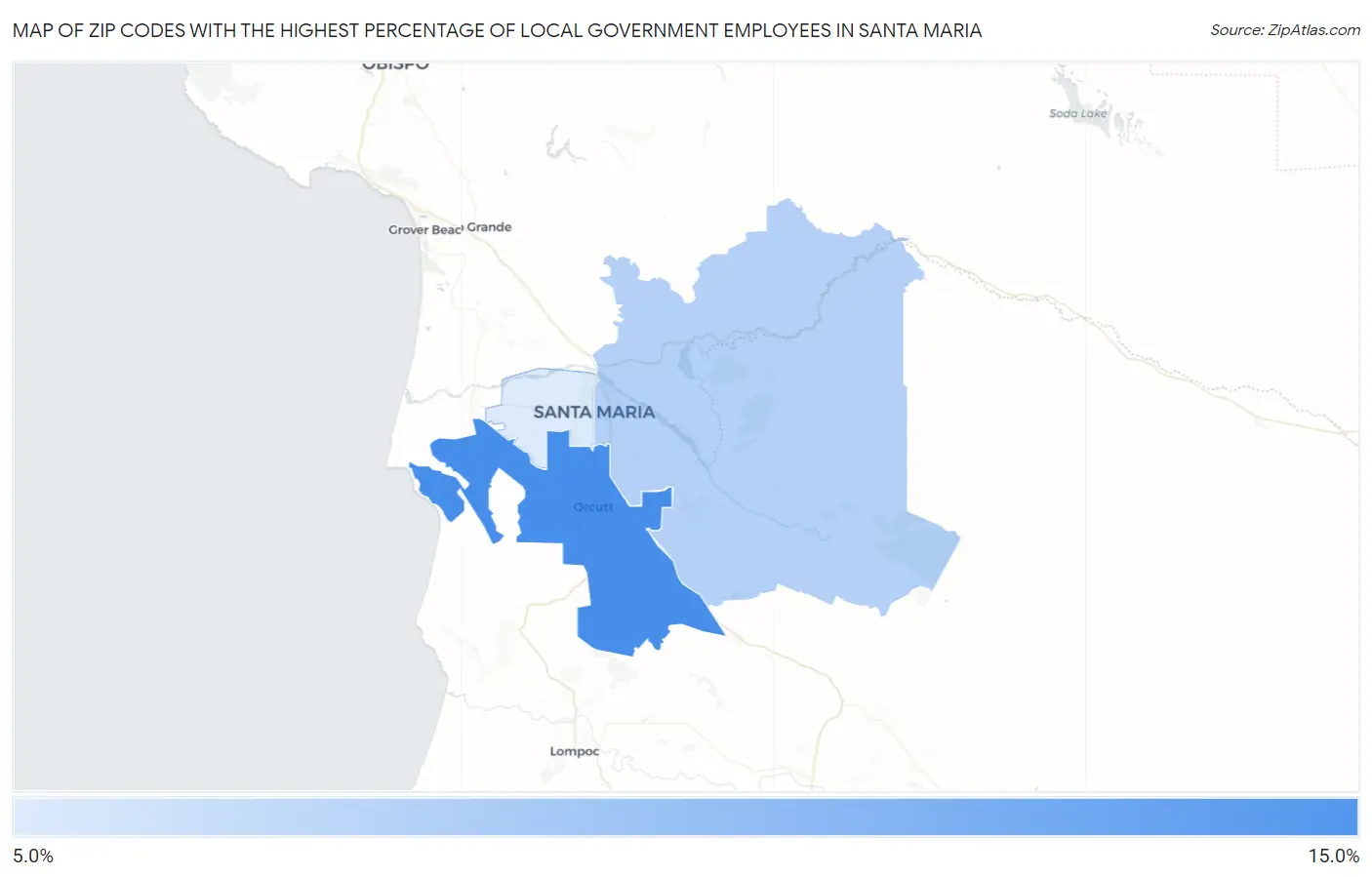 Zip Codes with the Highest Percentage of Local Government Employees in Santa Maria Map