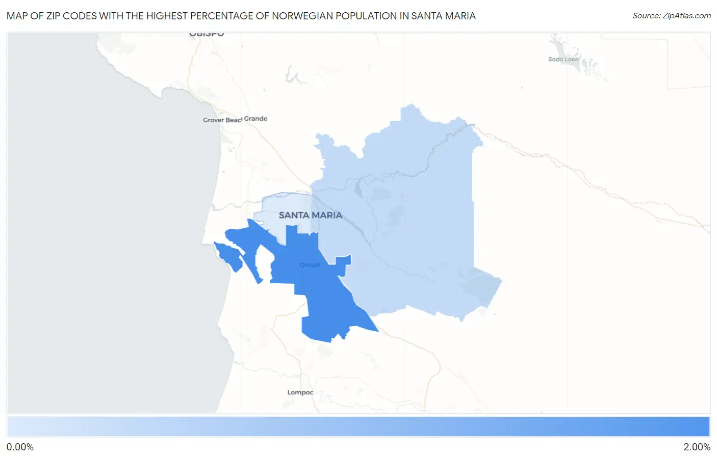 Zip Codes with the Highest Percentage of Norwegian Population in Santa Maria Map