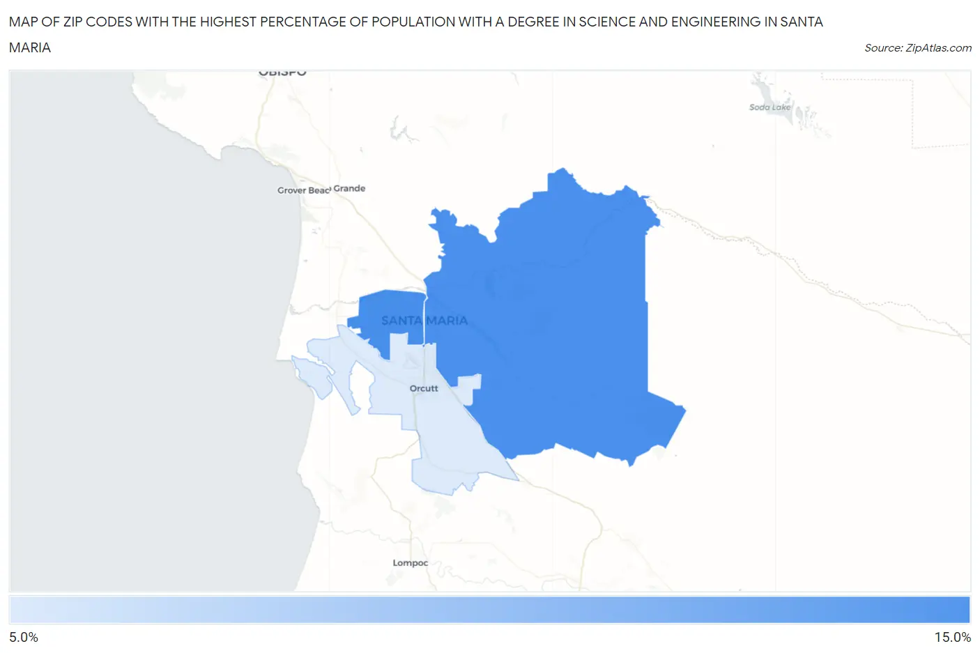 Zip Codes with the Highest Percentage of Population with a Degree in Science and Engineering in Santa Maria Map