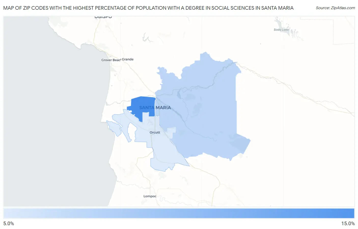 Zip Codes with the Highest Percentage of Population with a Degree in Social Sciences in Santa Maria Map