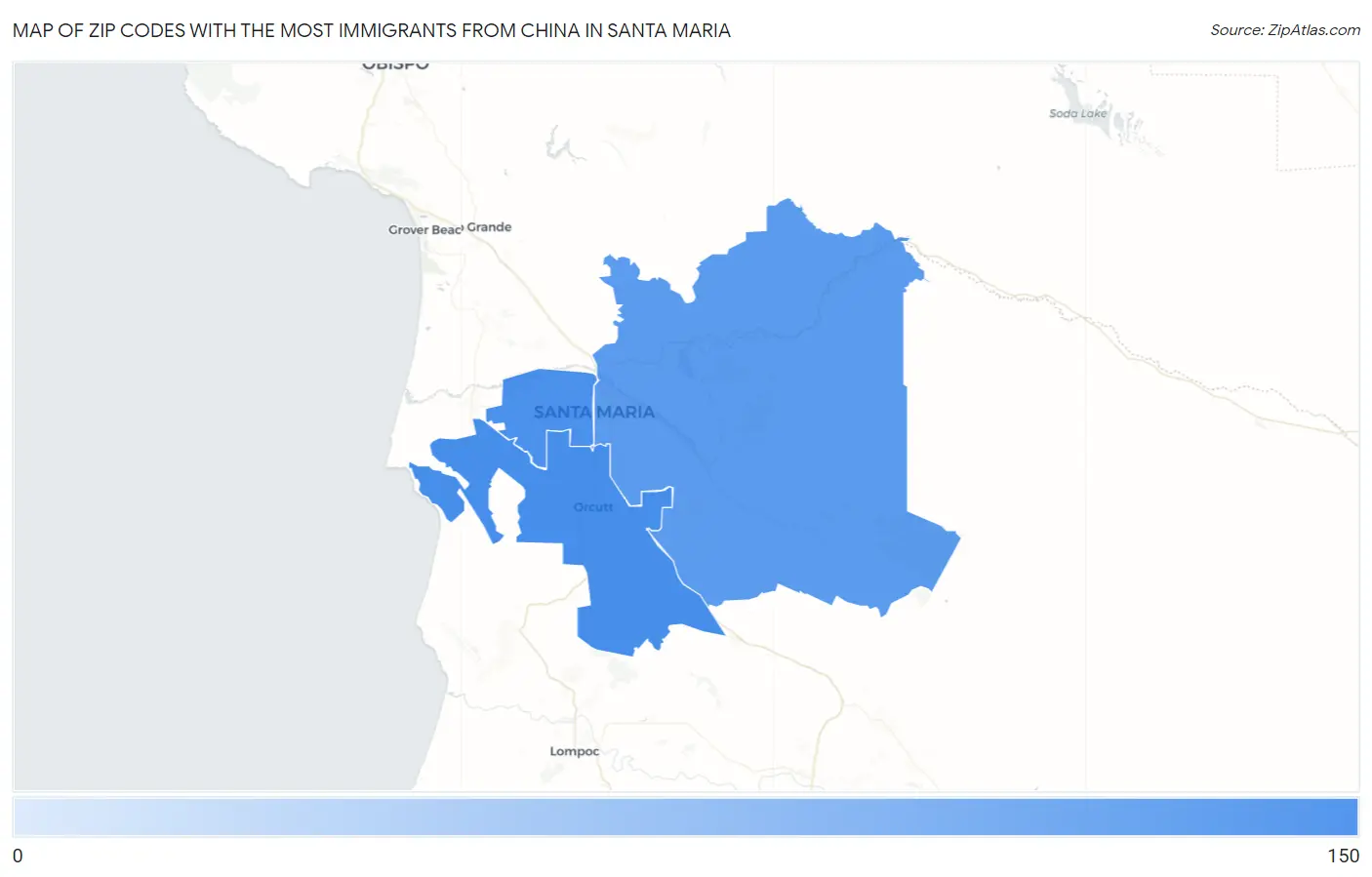 Zip Codes with the Most Immigrants from China in Santa Maria Map