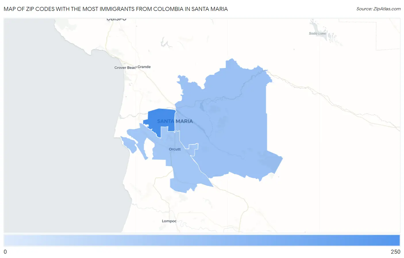 Zip Codes with the Most Immigrants from Colombia in Santa Maria Map
