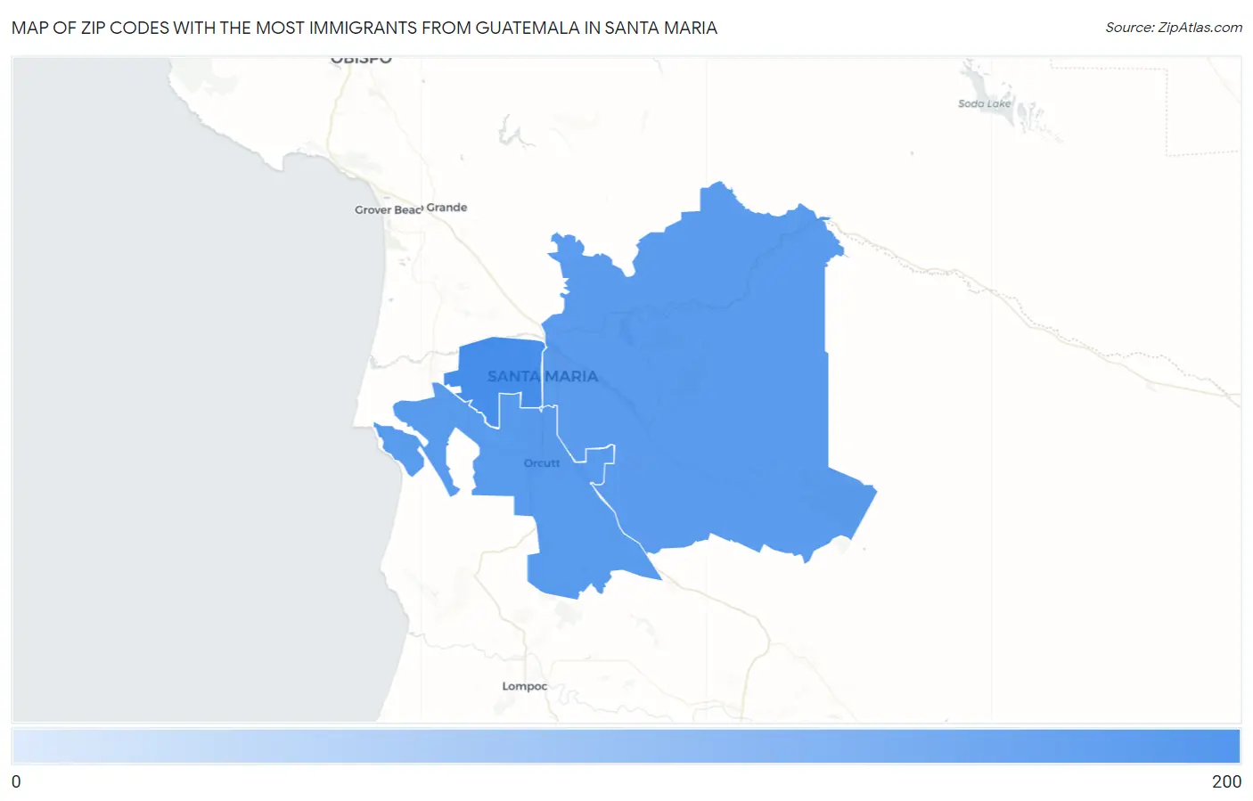 Zip Codes with the Most Immigrants from Guatemala in Santa Maria Map