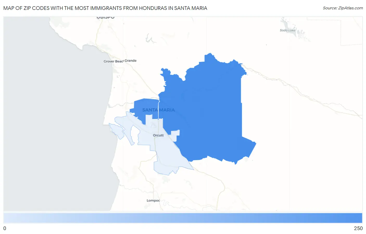 Zip Codes with the Most Immigrants from Honduras in Santa Maria Map