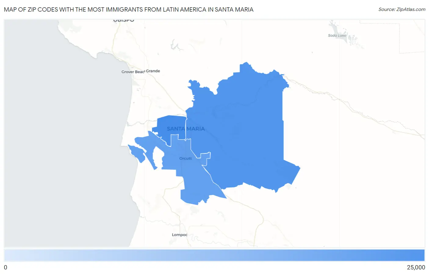 Zip Codes with the Most Immigrants from Latin America in Santa Maria Map