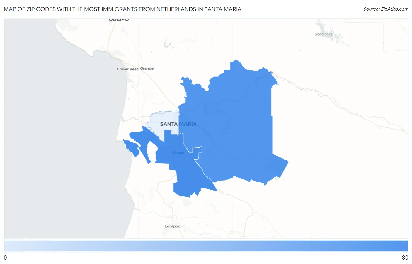 Zip Codes with the Most Immigrants from Netherlands in Santa Maria Map