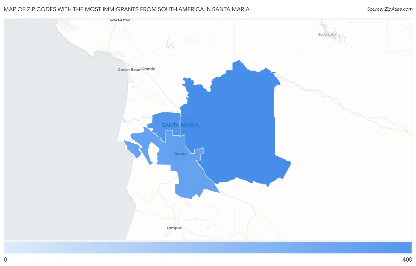 Zip Codes with the Most Immigrants from South America in Santa Maria Map