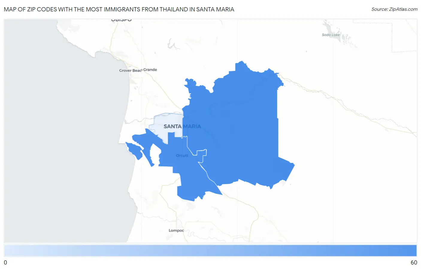 Zip Codes with the Most Immigrants from Thailand in Santa Maria Map