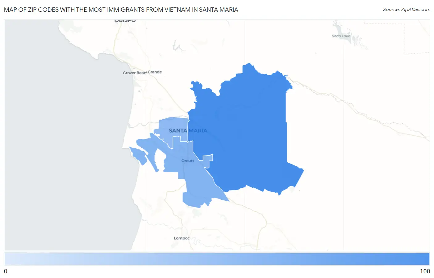 Zip Codes with the Most Immigrants from Vietnam in Santa Maria Map