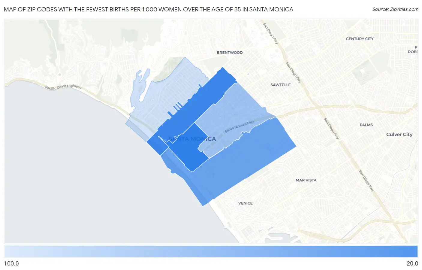 Zip Codes with the Fewest Births per 1,000 Women Over the Age of 35 in Santa Monica Map