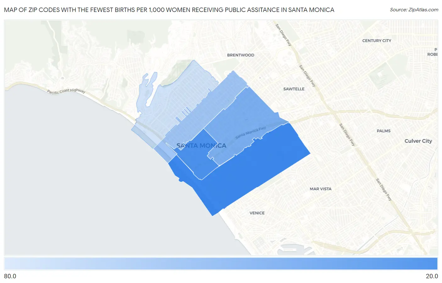 Zip Codes with the Fewest Births per 1,000 Women Receiving Public Assitance in Santa Monica Map