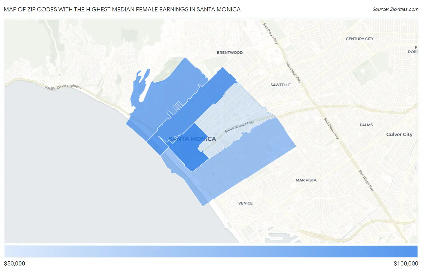 Zip Codes with the Highest Median Female Earnings in Santa Monica Map
