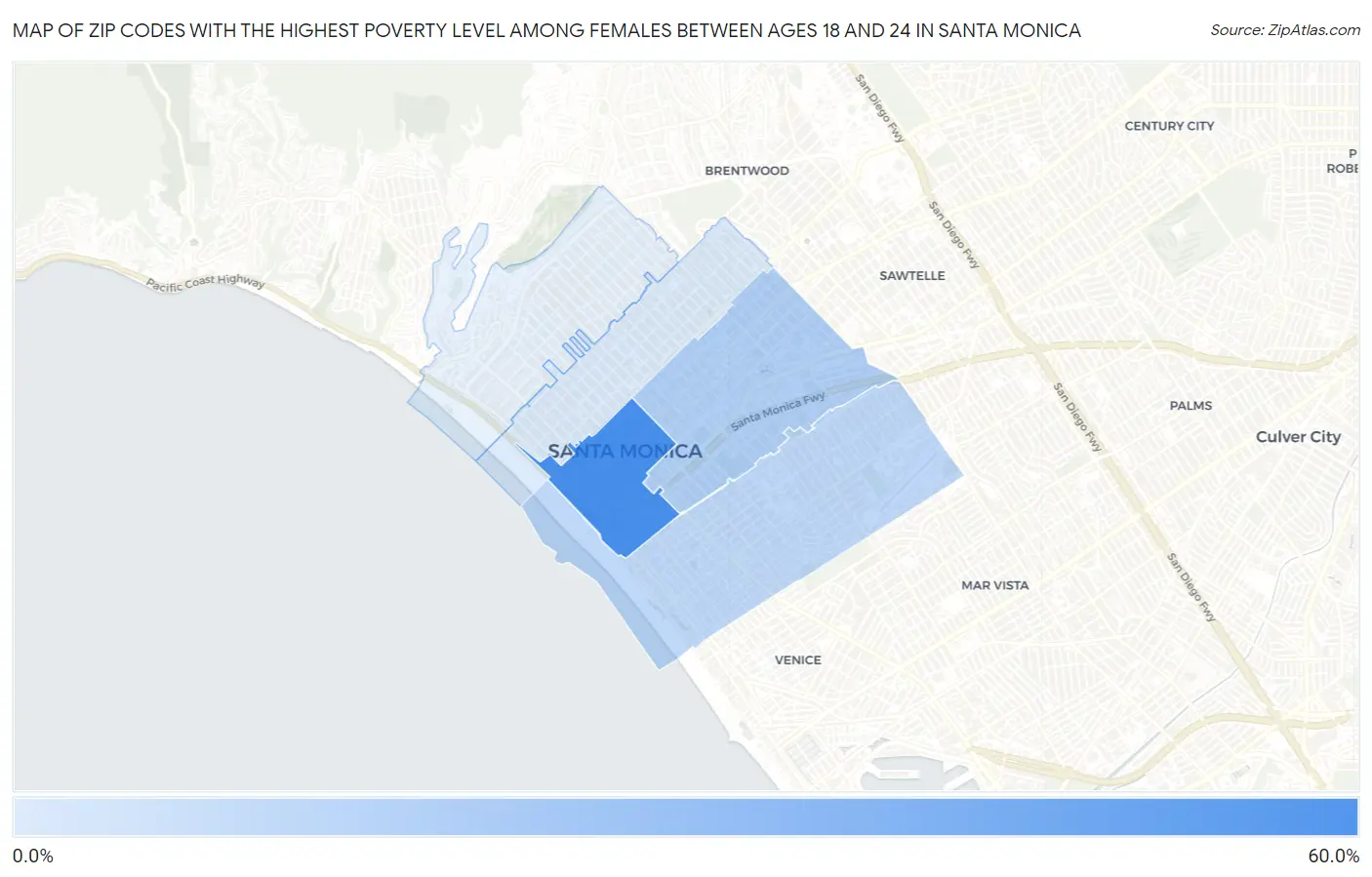 Zip Codes with the Highest Poverty Level Among Females Between Ages 18 and 24 in Santa Monica Map