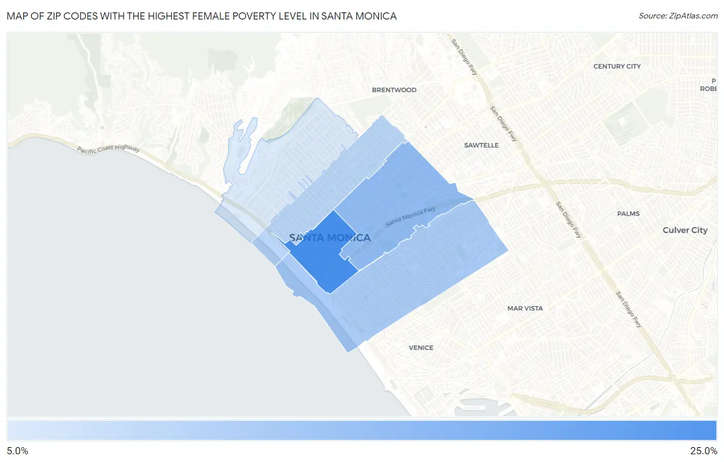 Zip Codes with the Highest Female Poverty Level in Santa Monica Map