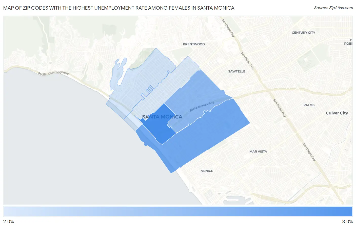 Zip Codes with the Highest Unemployment Rate Among Females in Santa Monica Map