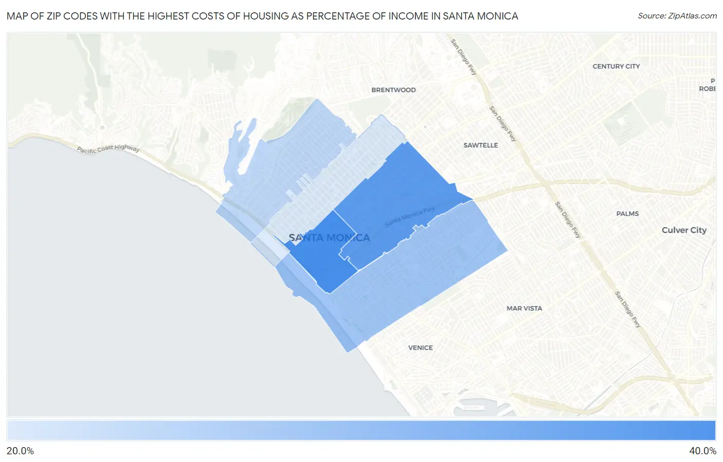 Zip Codes with the Highest Costs of Housing as Percentage of Income in Santa Monica Map